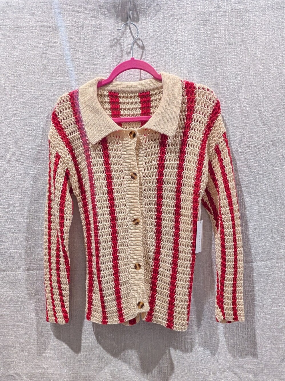 Moon River Cream and Red Striped Crochet Button-Up Cardigan